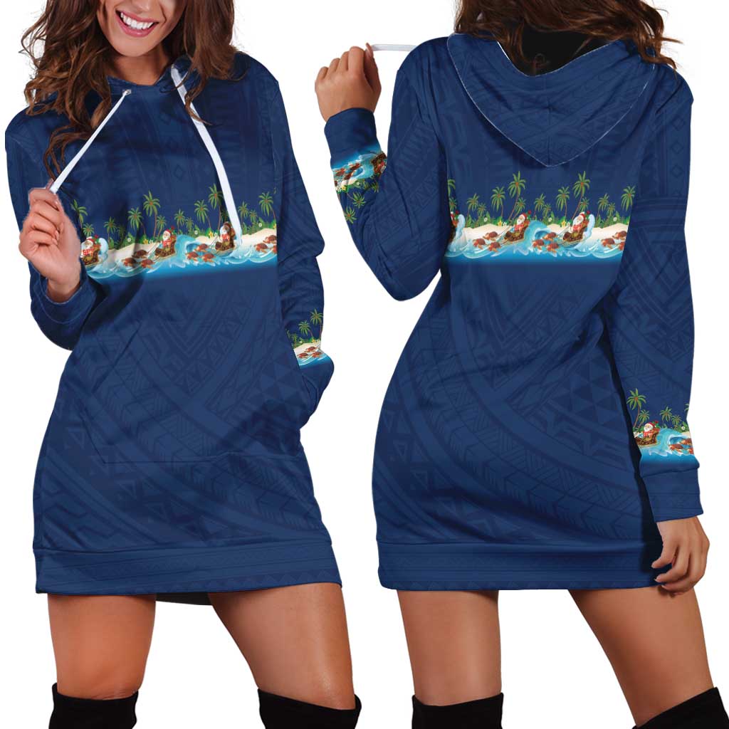 Hawaii Santa Riding Sea Turtle Hoodie Dress Mele Kalikimaka Polynesian Pattern - Polynesian Pride