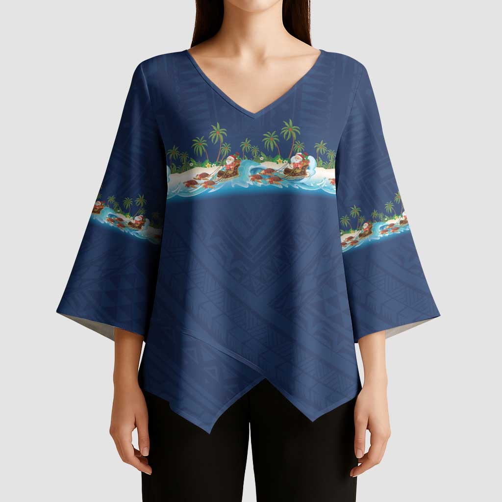 Hawaii Santa Riding Sea Turtle Kimono Sleeve Blouse Mele Kalikimaka Polynesian Pattern - Polynesian Pride