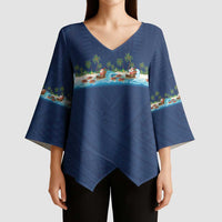 Hawaii Santa Riding Sea Turtle Kimono Sleeve Blouse Mele Kalikimaka Polynesian Pattern - Polynesian Pride