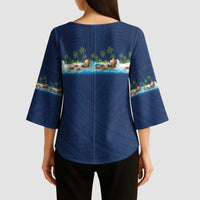 Hawaii Santa Riding Sea Turtle Kimono Sleeve Blouse Mele Kalikimaka Polynesian Pattern - Polynesian Pride