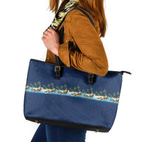Hawaii Santa Riding Sea Turtle Leather Tote Bag Mele Kalikimaka Polynesian Pattern LT01 Blue - Polynesian Pride