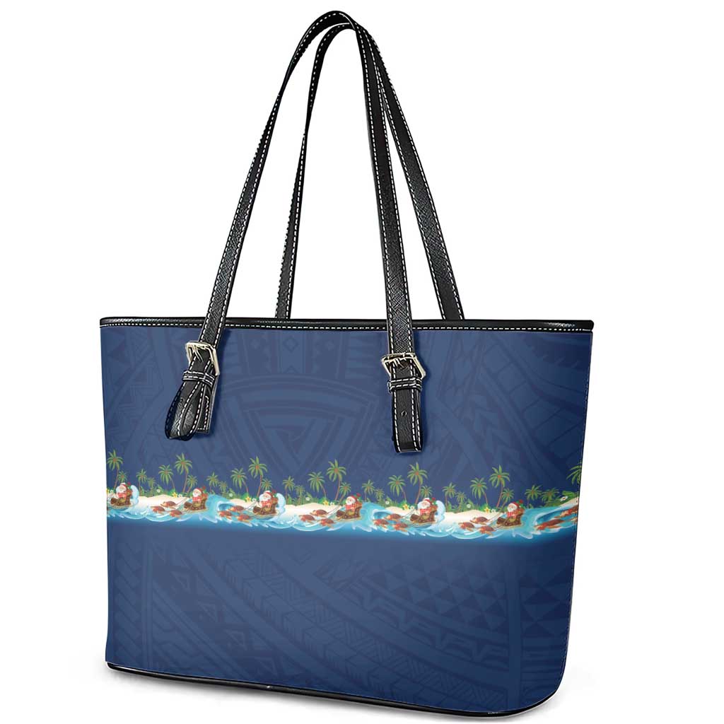 Hawaii Santa Riding Sea Turtle Leather Tote Bag Mele Kalikimaka Polynesian Pattern LT01 - Polynesian Pride