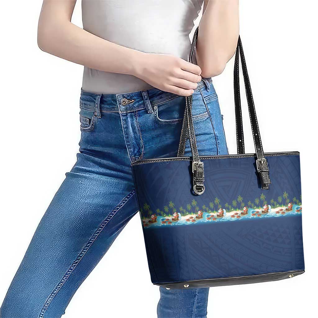 Hawaii Santa Riding Sea Turtle Leather Tote Bag Mele Kalikimaka Polynesian Pattern LT01 - Polynesian Pride