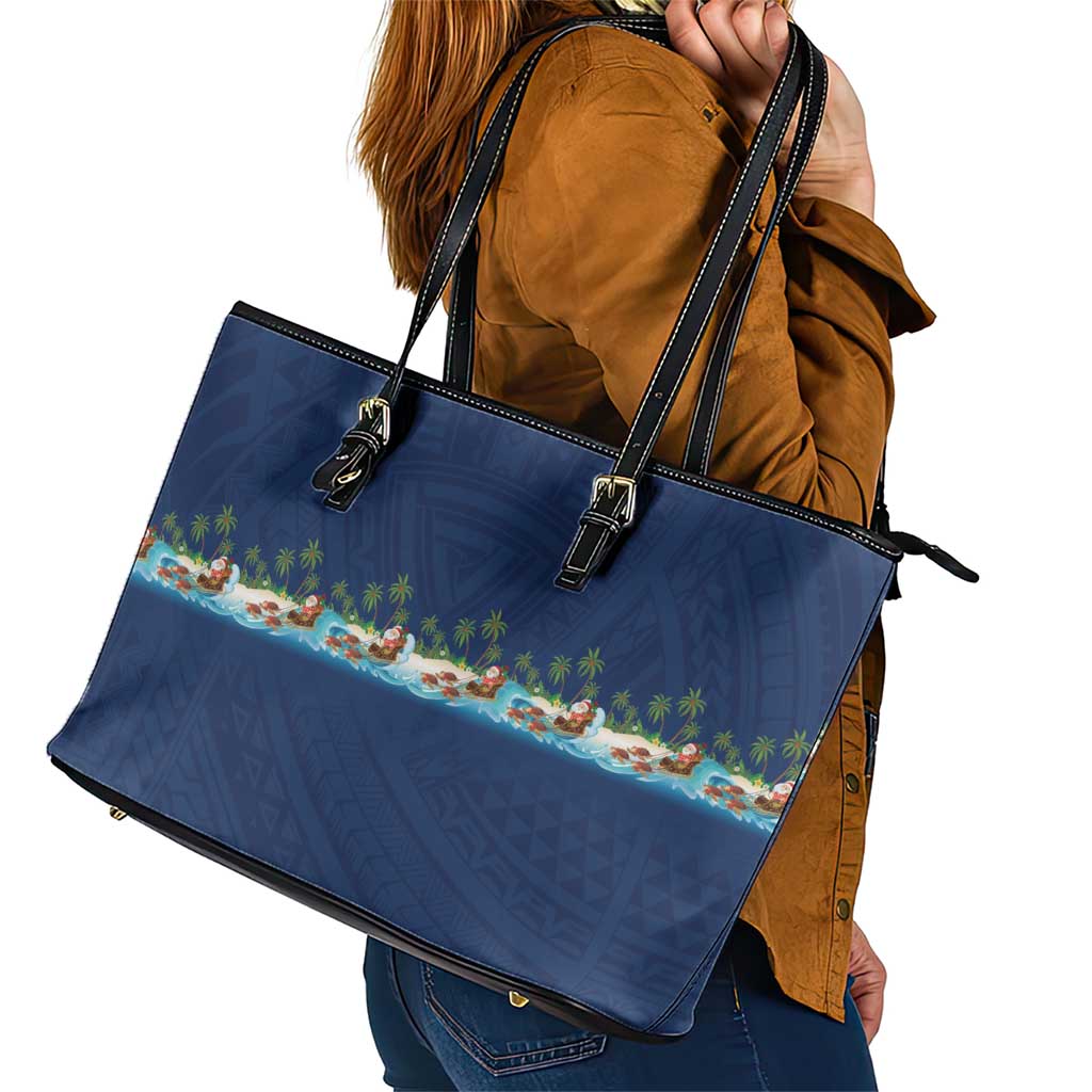 Hawaii Santa Riding Sea Turtle Leather Tote Bag Mele Kalikimaka Polynesian Pattern LT01 - Polynesian Pride