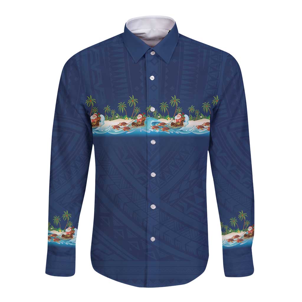Hawaii Santa Riding Sea Turtle Long Sleeve Button Shirt Mele Kalikimaka Polynesian Pattern - Polynesian Pride