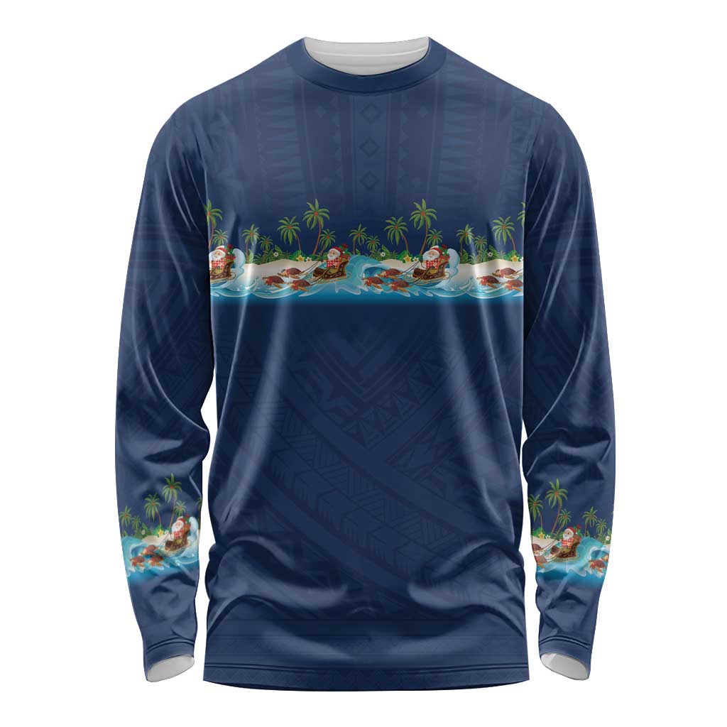 Hawaii Santa Riding Sea Turtle Long Sleeve Shirt Mele Kalikimaka Polynesian Pattern LT01 Unisex Blue - Polynesian Pride