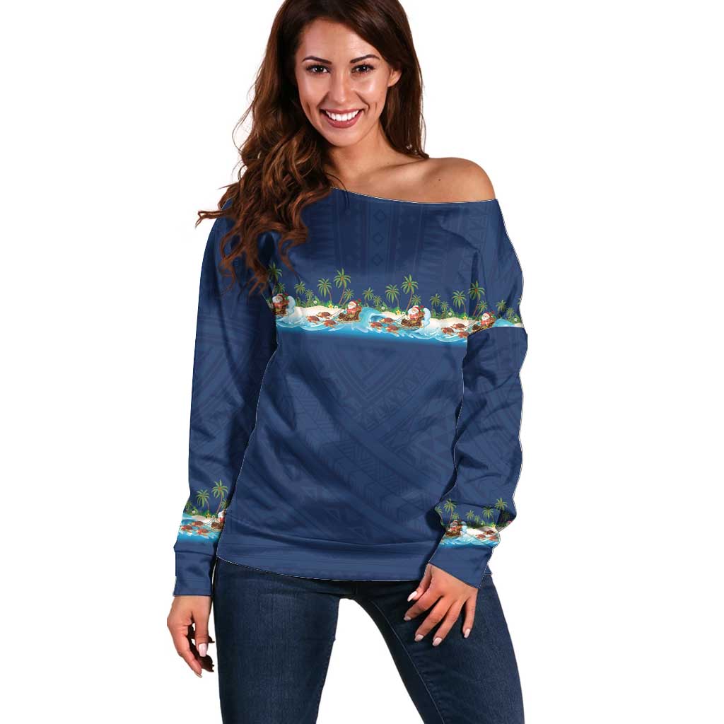 Hawaii Santa Riding Sea Turtle Off Shoulder Sweater Mele Kalikimaka Polynesian Pattern - Polynesian Pride
