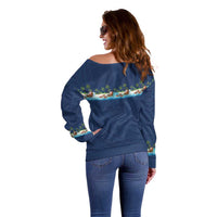 Hawaii Santa Riding Sea Turtle Off Shoulder Sweater Mele Kalikimaka Polynesian Pattern - Polynesian Pride