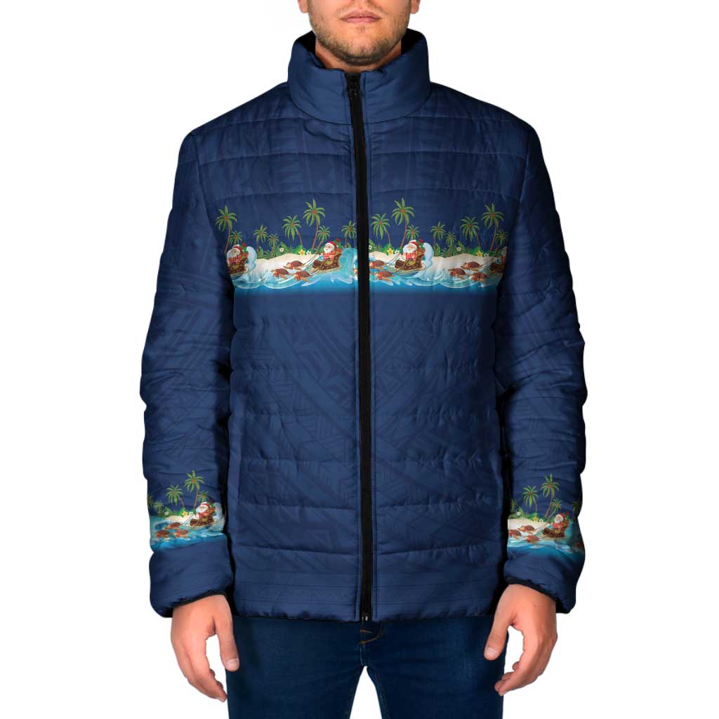 Hawaii Santa Riding Sea Turtle Padded Jacket Mele Kalikimaka Polynesian Pattern - Polynesian Pride
