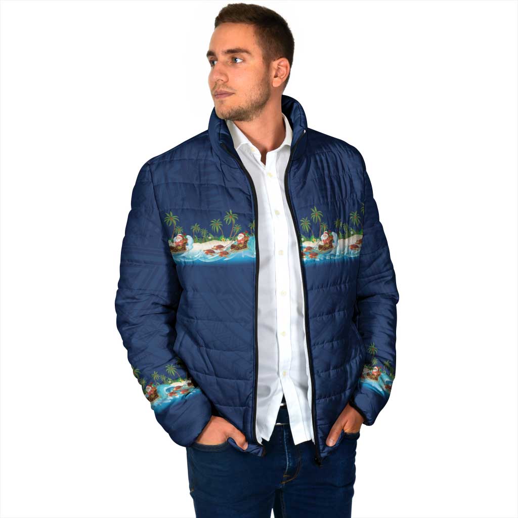 Hawaii Santa Riding Sea Turtle Padded Jacket Mele Kalikimaka Polynesian Pattern - Polynesian Pride