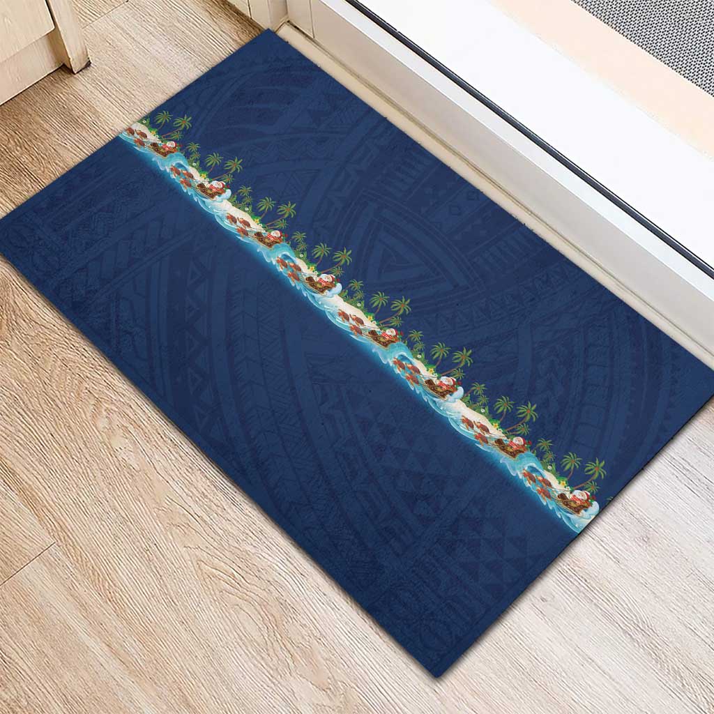 Hawaii Santa Riding Sea Turtle Rubber Doormat Mele Kalikimaka Polynesian Pattern - Polynesian Pride