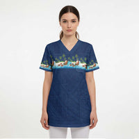 Hawaii Santa Riding Sea Turtle Scrub Top Mele Kalikimaka Polynesian Pattern - Polynesian Pride