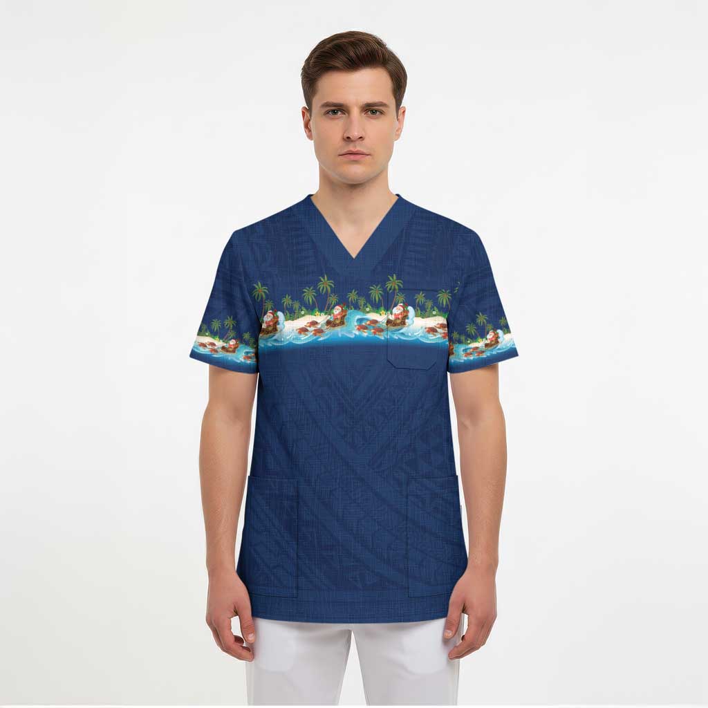 Hawaii Santa Riding Sea Turtle Scrub Top Mele Kalikimaka Polynesian Pattern - Polynesian Pride