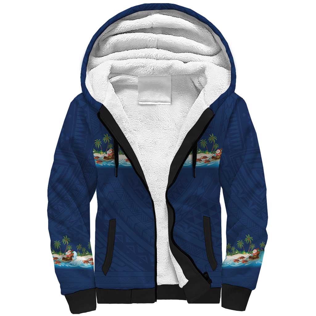 Hawaii Santa Riding Sea Turtle Sherpa Hoodie Mele Kalikimaka Polynesian Pattern LT01 Unisex Blue - Polynesian Pride