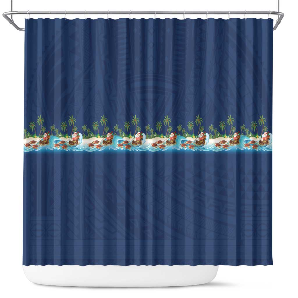 Hawaii Santa Riding Sea Turtle Shower Curtain Mele Kalikimaka Polynesian Pattern LT01 Blue - Polynesian Pride