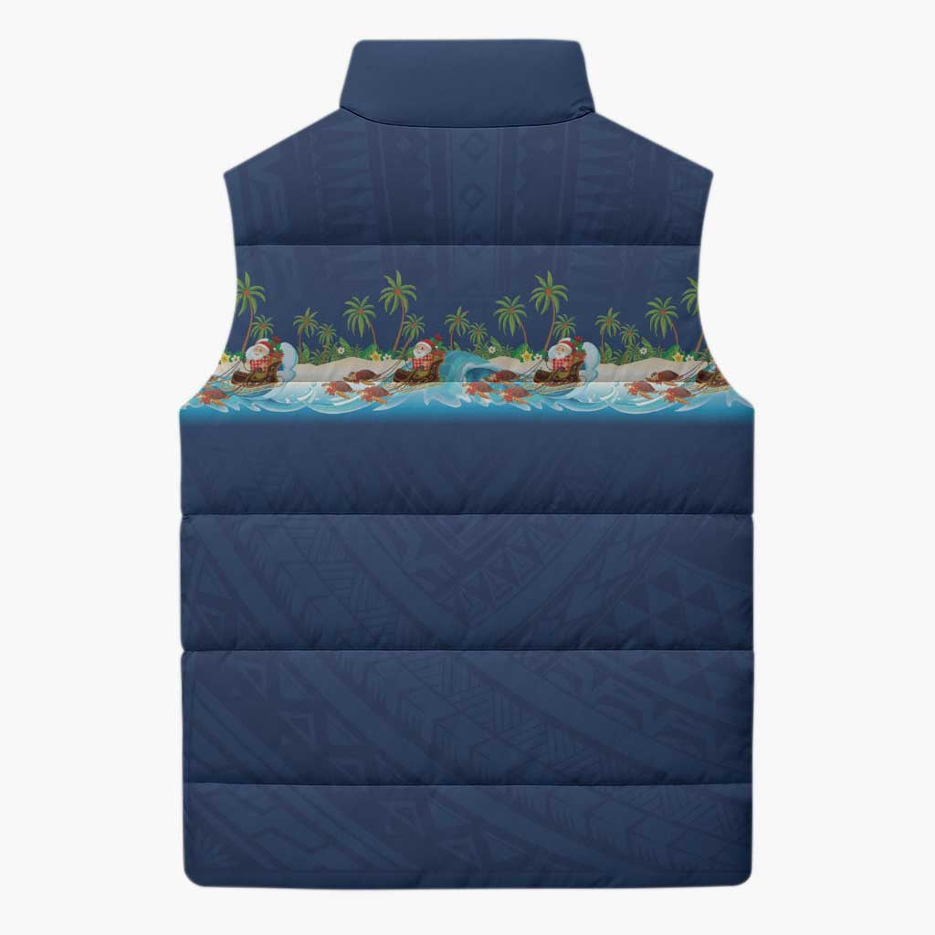 Hawaii Santa Riding Sea Turtle Sleeveless Puffer Jacket Mele Kalikimaka Polynesian Pattern - Polynesian Pride