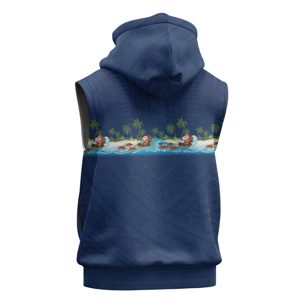 Hawaii Santa Riding Sea Turtle Sleeveless Zip Hoodie Mele Kalikimaka Polynesian Pattern - Polynesian Pride