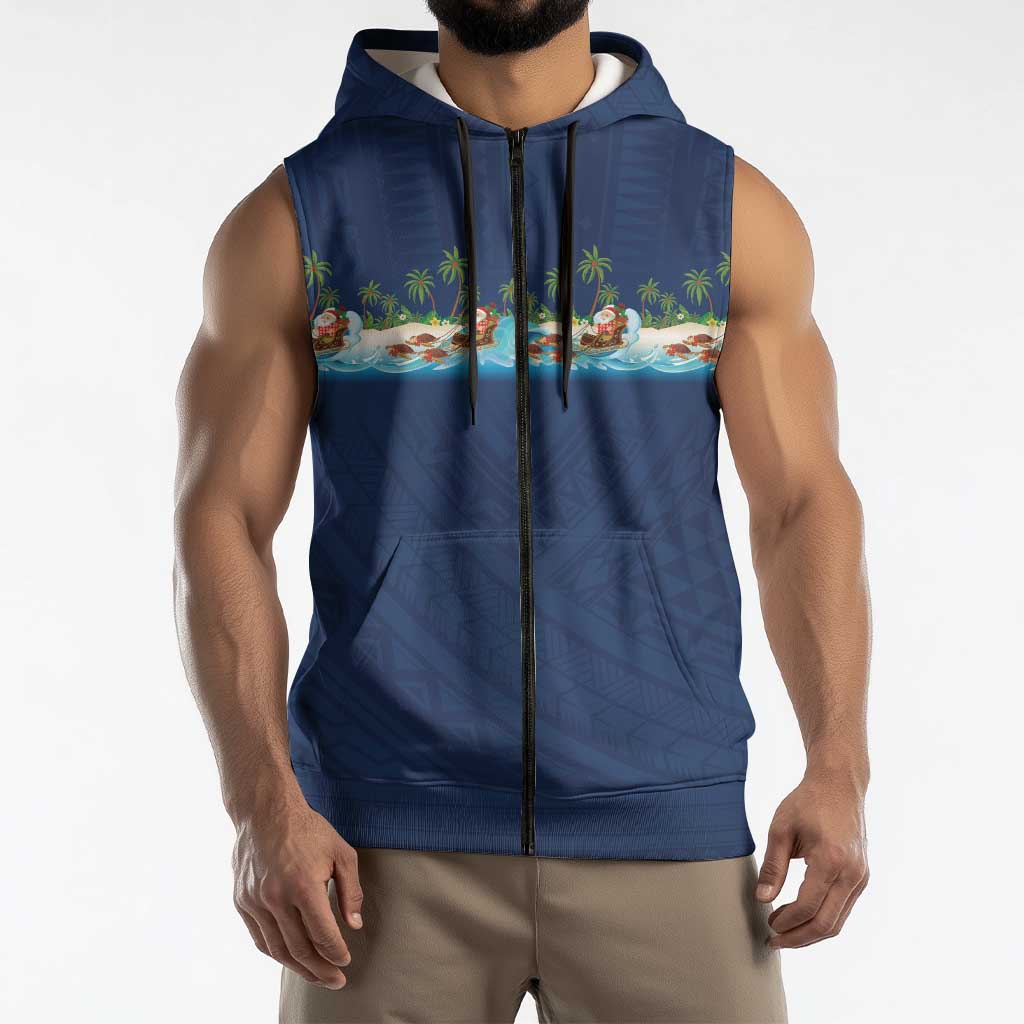 Hawaii Santa Riding Sea Turtle Sleeveless Zip Hoodie Mele Kalikimaka Polynesian Pattern - Polynesian Pride