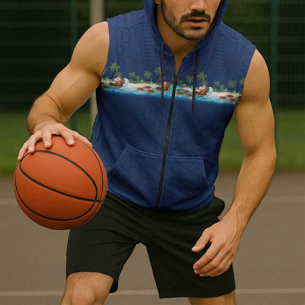 Hawaii Santa Riding Sea Turtle Sleeveless Zip Hoodie Mele Kalikimaka Polynesian Pattern - Polynesian Pride