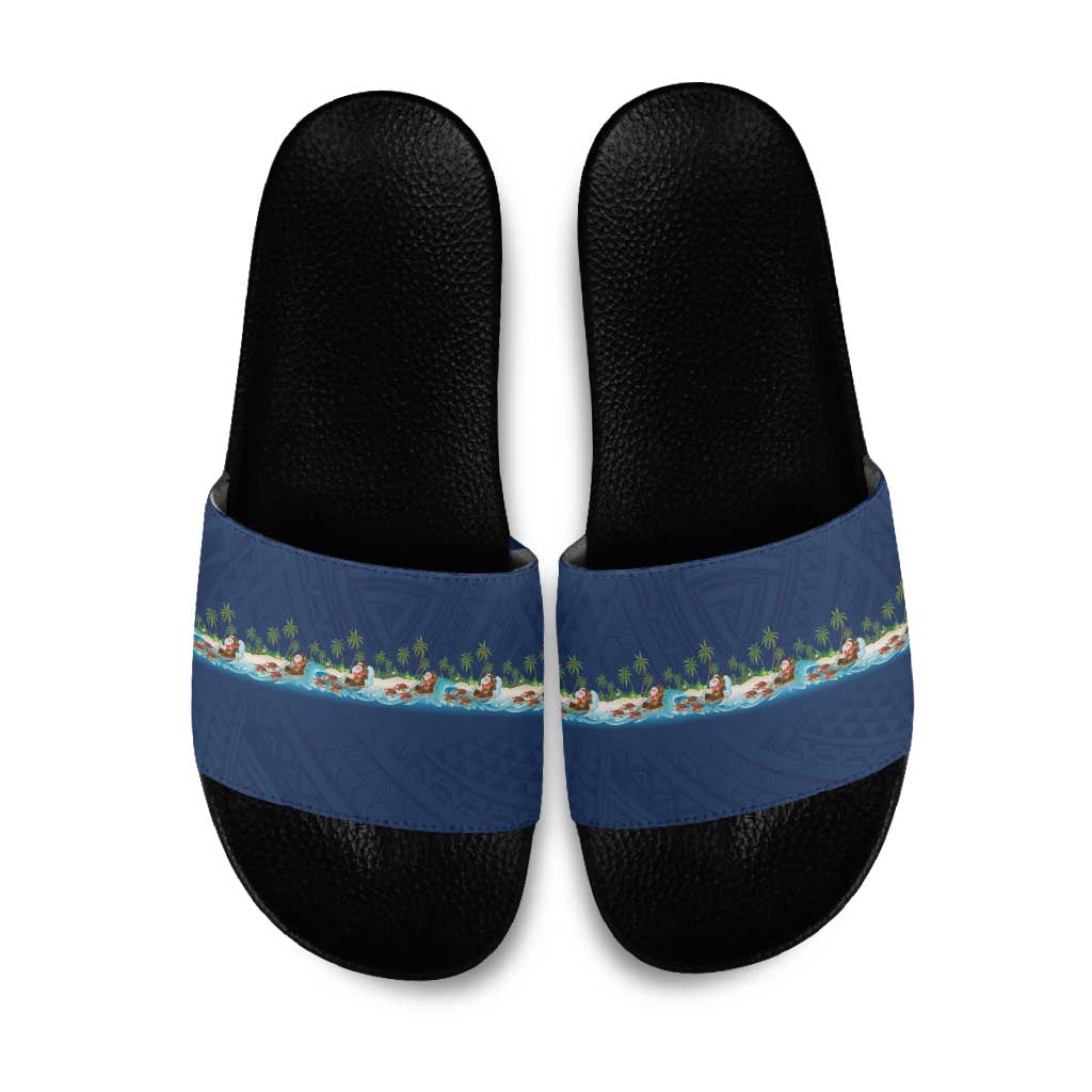 Hawaii Santa Riding Sea Turtle Slide Sandals Mele Kalikimaka Polynesian Pattern LT01 Blue - Polynesian Pride