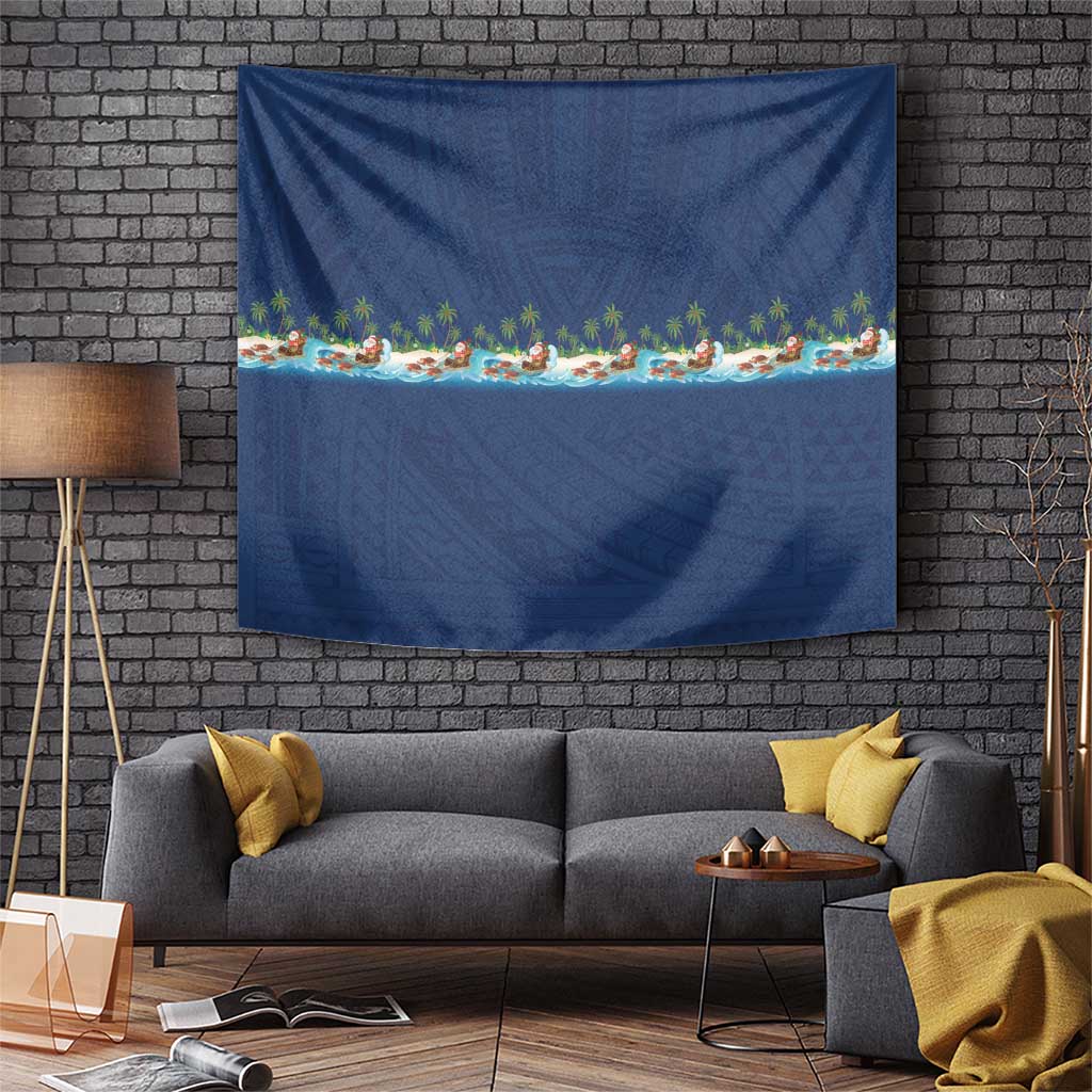 Hawaii Santa Riding Sea Turtle Tapestry Mele Kalikimaka Polynesian Pattern LT01 Blue - Polynesian Pride