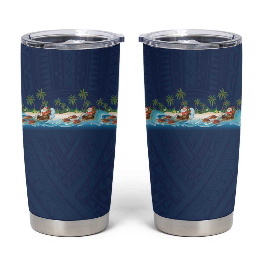 Hawaii Santa Riding Sea Turtle Tumbler Cup Mele Kalikimaka Polynesian Pattern - Polynesian Pride