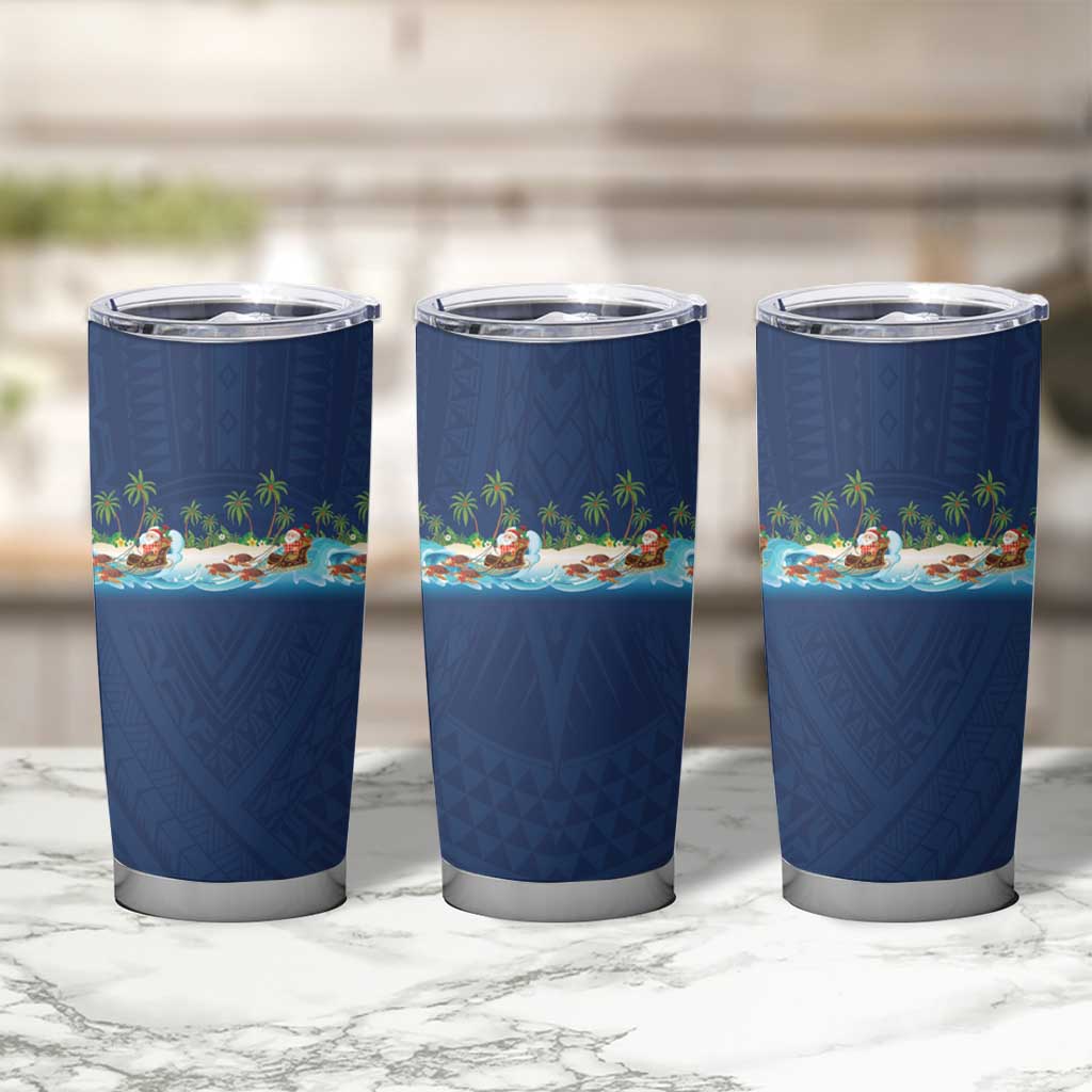 Hawaii Santa Riding Sea Turtle Tumbler Cup Mele Kalikimaka Polynesian Pattern - Polynesian Pride