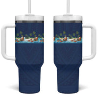 Hawaii Santa Riding Sea Turtle Tumbler With Handle Mele Kalikimaka Polynesian Pattern - Polynesian Pride