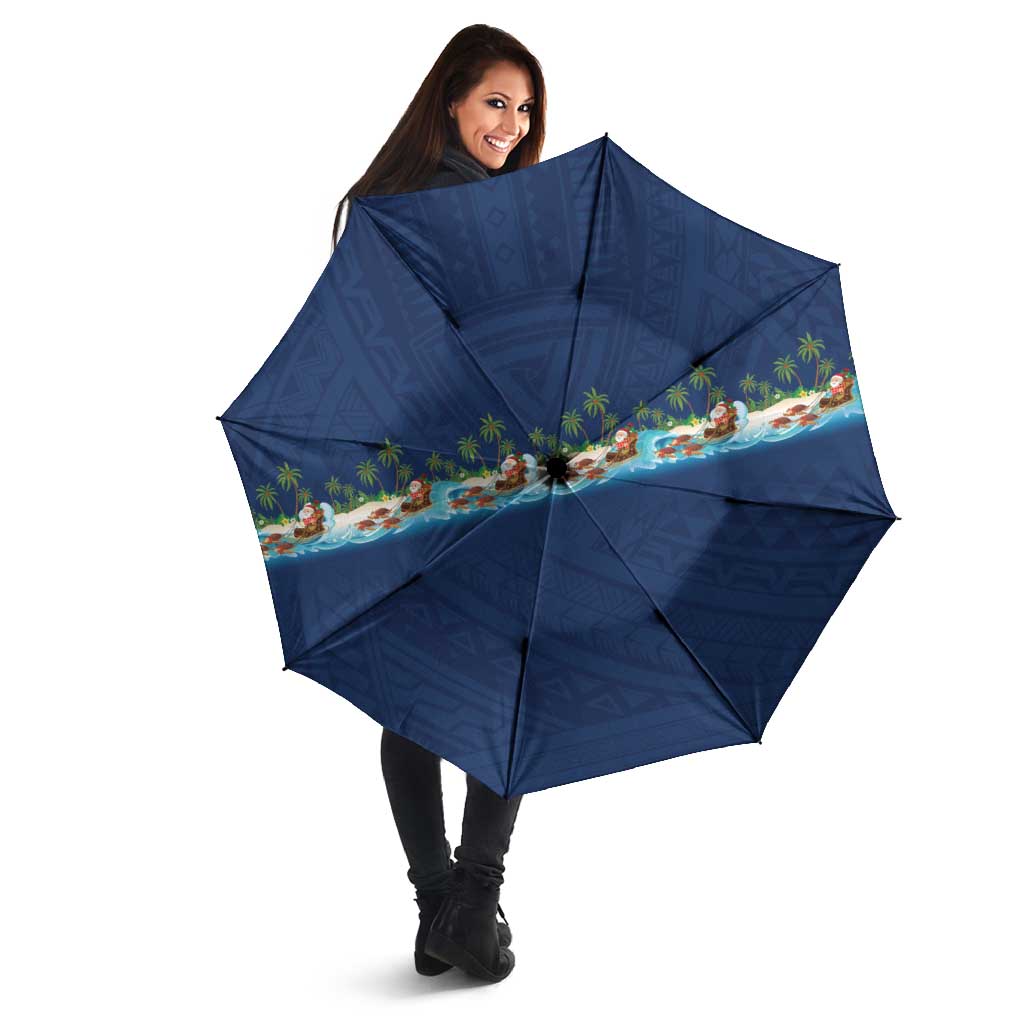 Hawaii Santa Riding Sea Turtle Umbrella Mele Kalikimaka Polynesian Pattern - Polynesian Pride