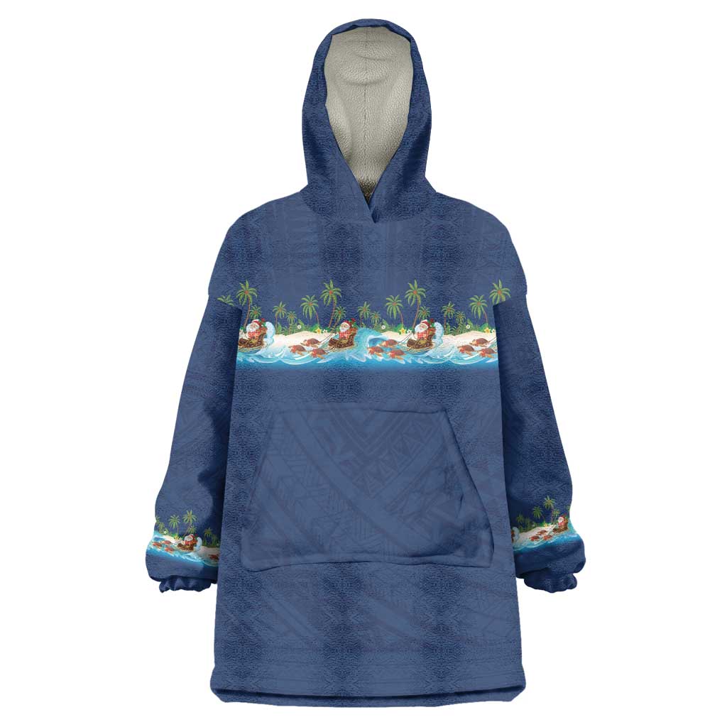 Hawaii Santa Riding Sea Turtle Wearable Blanket Hoodie Mele Kalikimaka Polynesian Pattern LT01 One Size Blue - Polynesian Pride