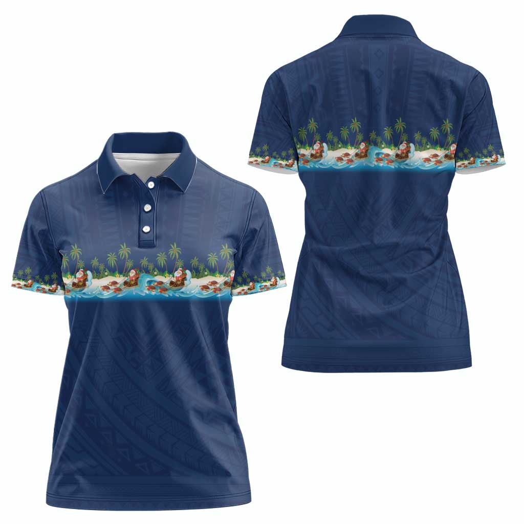 Hawaii Santa Riding Sea Turtle Women Polo Shirt Mele Kalikimaka Polynesian Pattern - Polynesian Pride