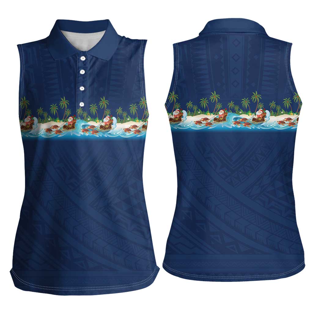 Hawaii Santa Riding Sea Turtle Women Sleeveless Polo Shirt Mele Kalikimaka Polynesian Pattern - Polynesian Pride