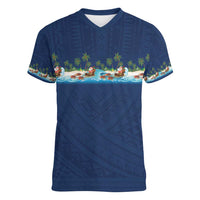 Hawaii Santa Riding Sea Turtle Women V-Neck T-Shirt Mele Kalikimaka Polynesian Pattern - Polynesian Pride