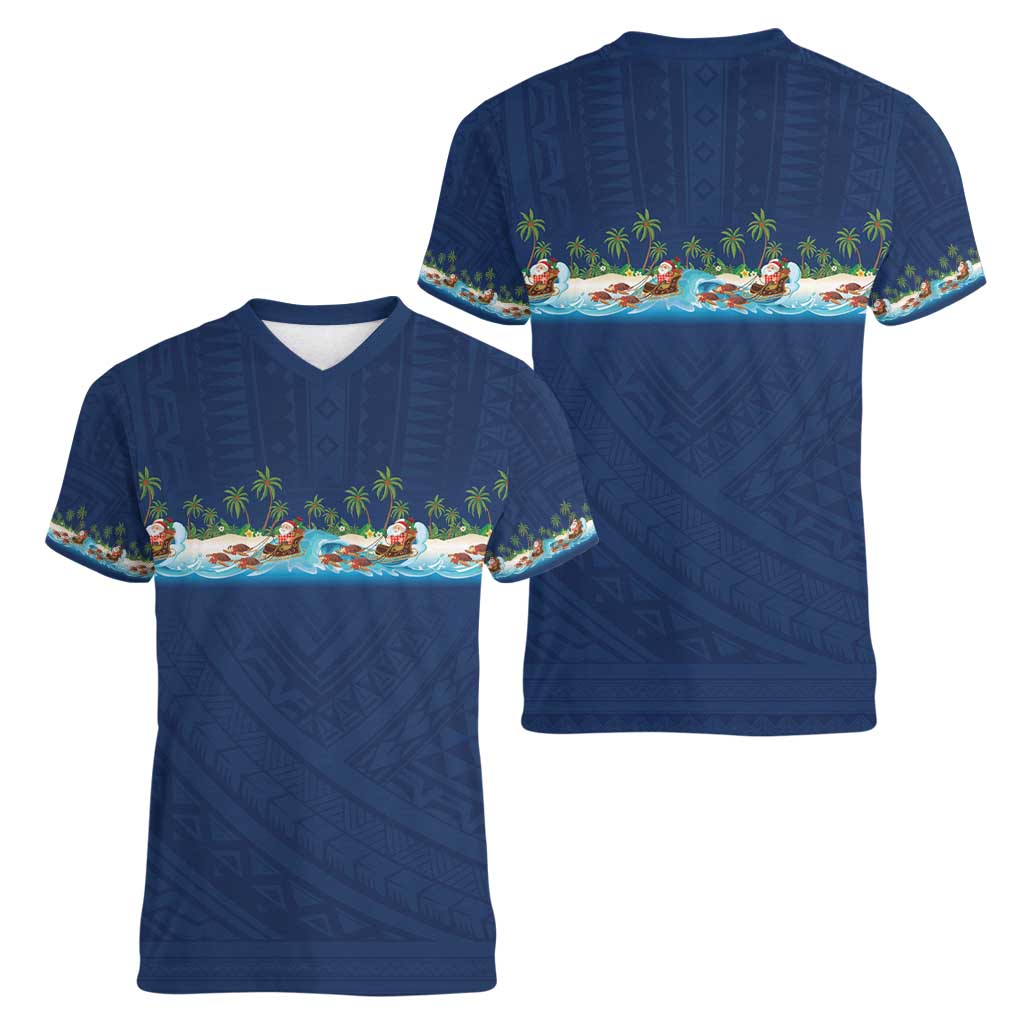 Hawaii Santa Riding Sea Turtle Women V-Neck T-Shirt Mele Kalikimaka Polynesian Pattern - Polynesian Pride