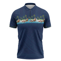 Hawaii Santa Riding Sea Turtle Zipper Polo Shirt Mele Kalikimaka Polynesian Pattern - Polynesian Pride
