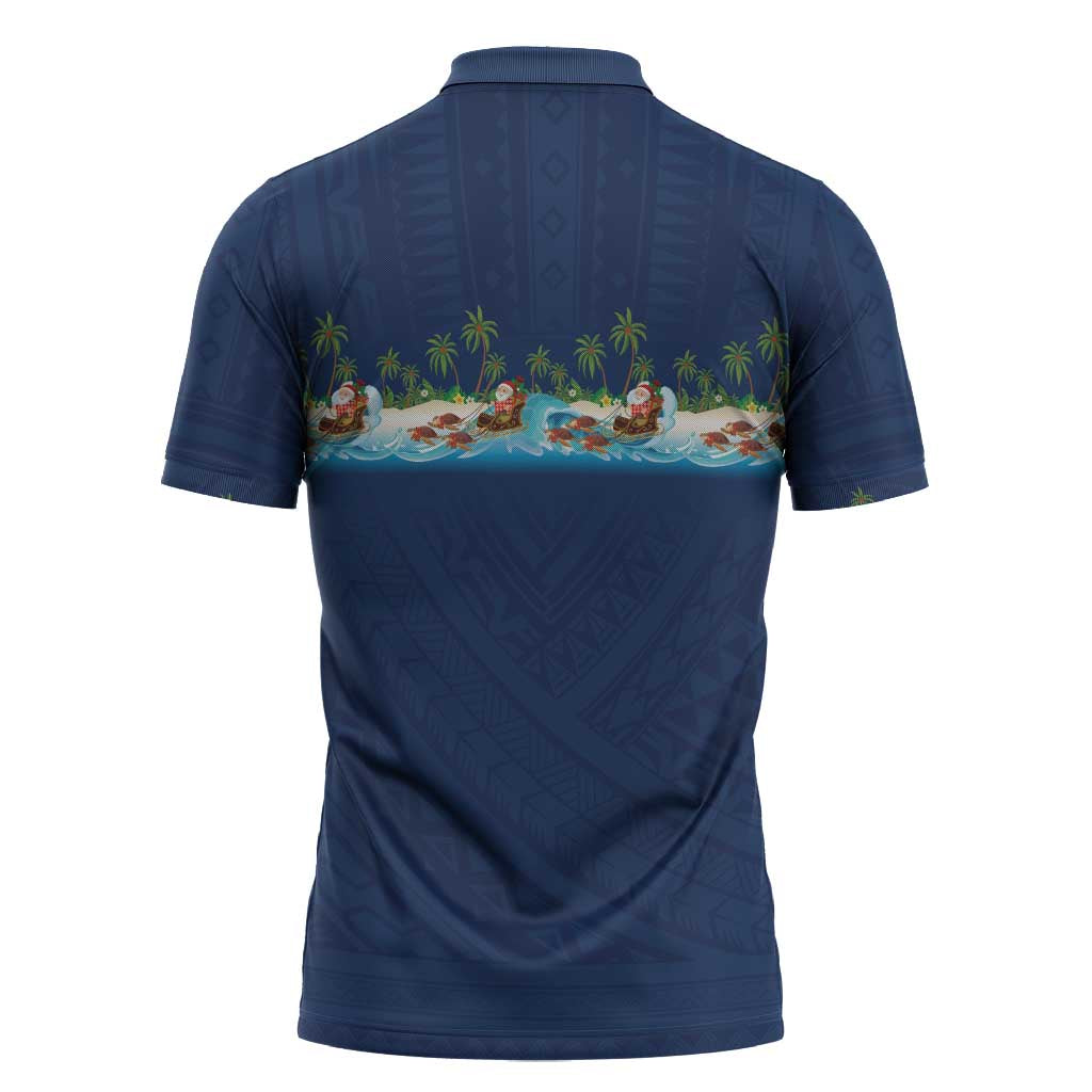 Hawaii Santa Riding Sea Turtle Zipper Polo Shirt Mele Kalikimaka Polynesian Pattern - Polynesian Pride