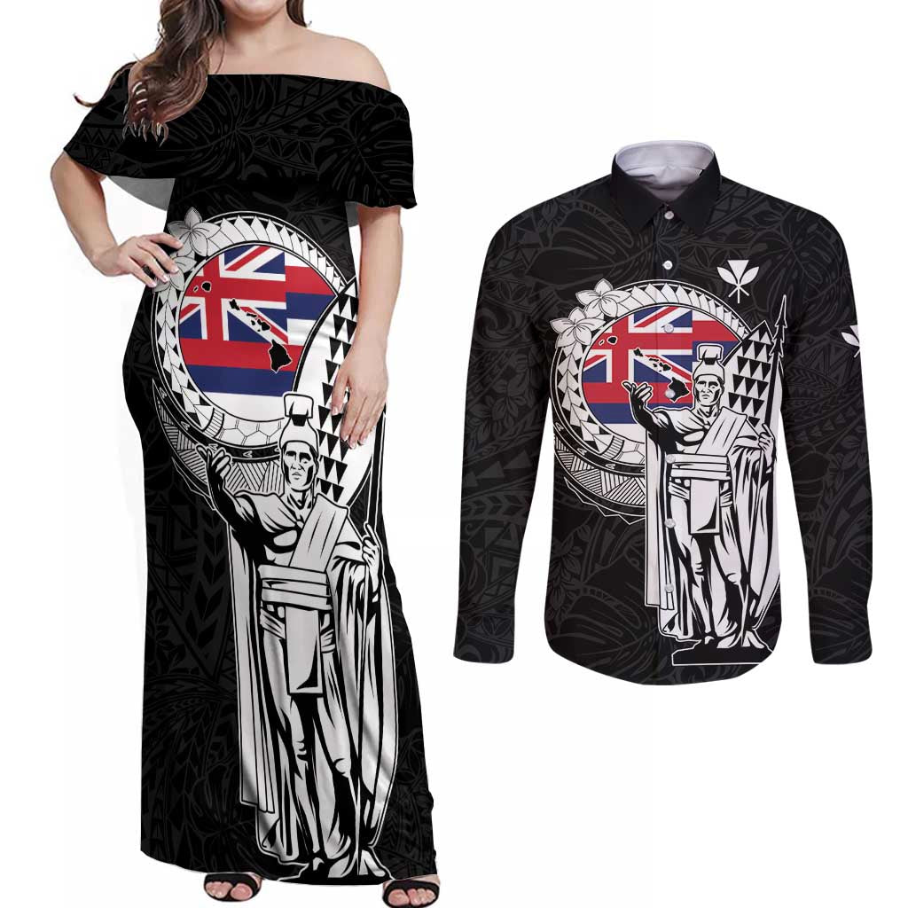 Personalized Hawaii King Kamehameha Couples Matching Off Shoulder Maxi Dress and Long Sleeve Button Shirt Flag Polynesian Pattern