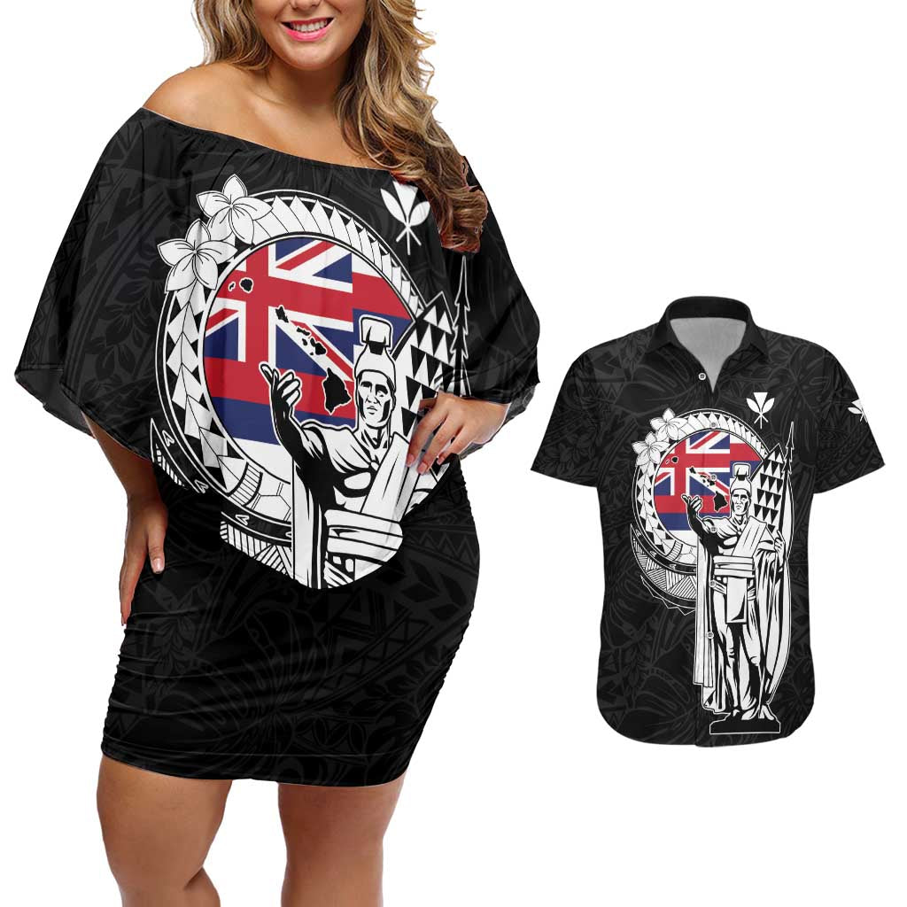 Personalized Hawaii King Kamehameha Couples Matching Off Shoulder Short Dress and Hawaiian Shirt Flag Polynesian Pattern