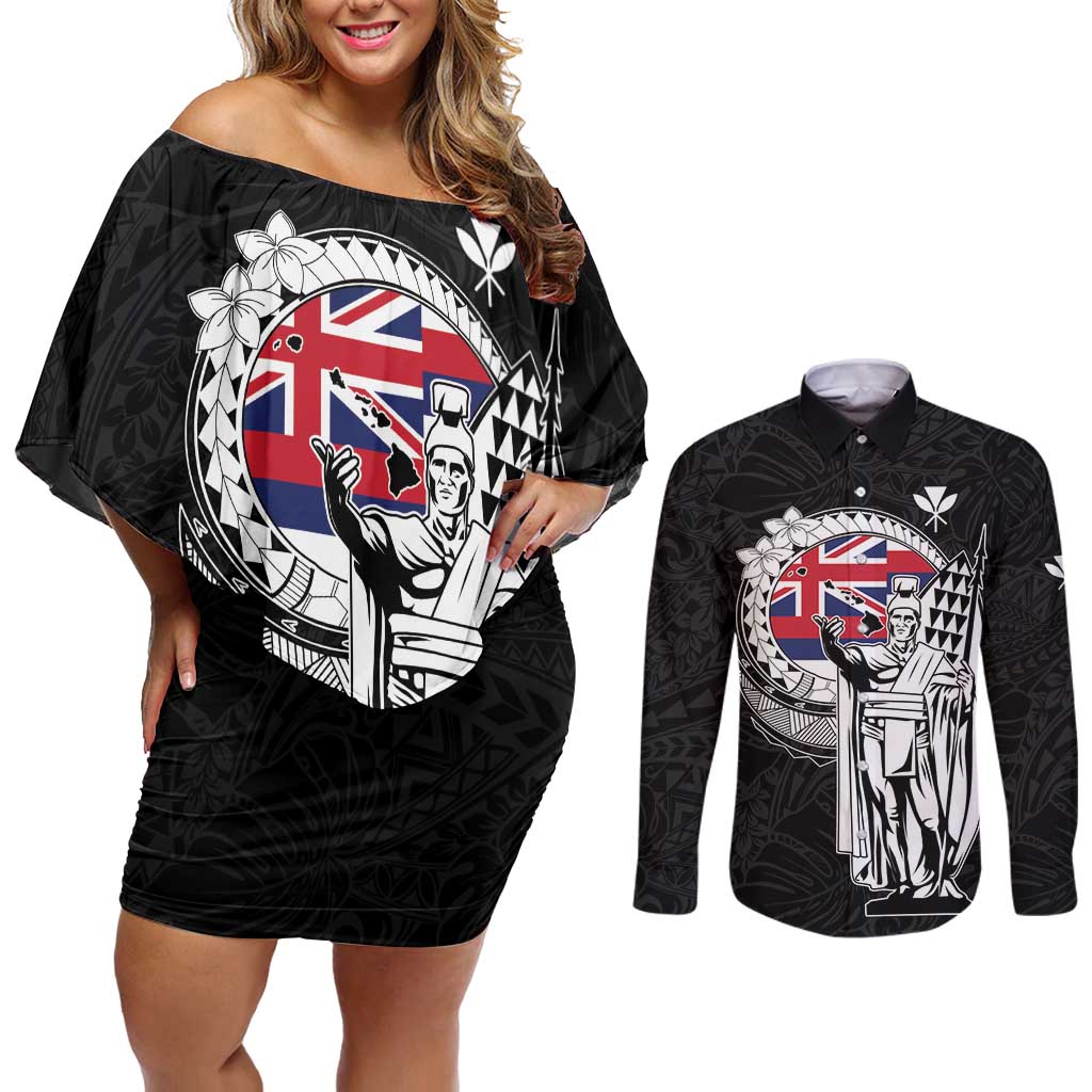 Personalized Hawaii King Kamehameha Couples Matching Off Shoulder Short Dress and Long Sleeve Button Shirt Flag Polynesian Pattern
