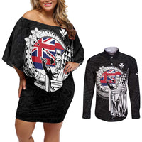 Personalized Hawaii King Kamehameha Couples Matching Off Shoulder Short Dress and Long Sleeve Button Shirt Flag Polynesian Pattern