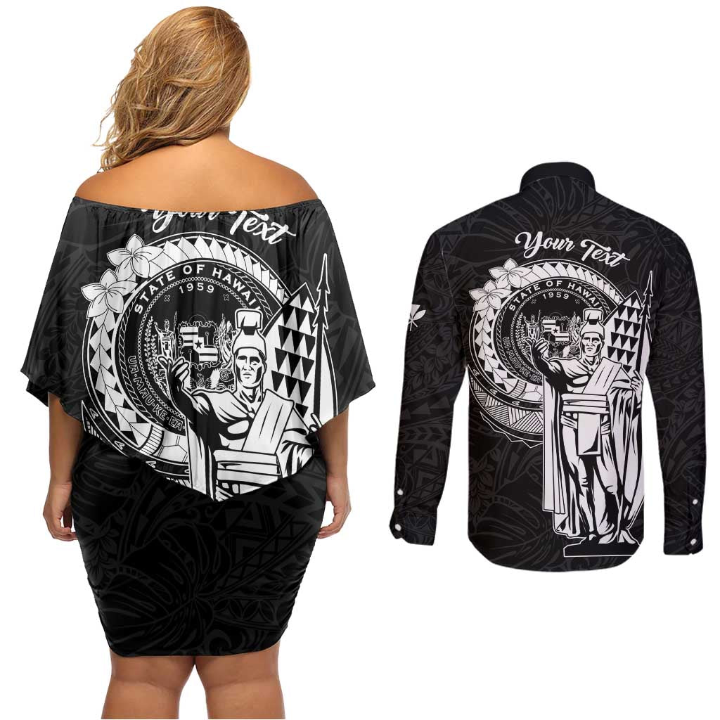 Personalized Hawaii King Kamehameha Couples Matching Off Shoulder Short Dress and Long Sleeve Button Shirt Flag Polynesian Pattern