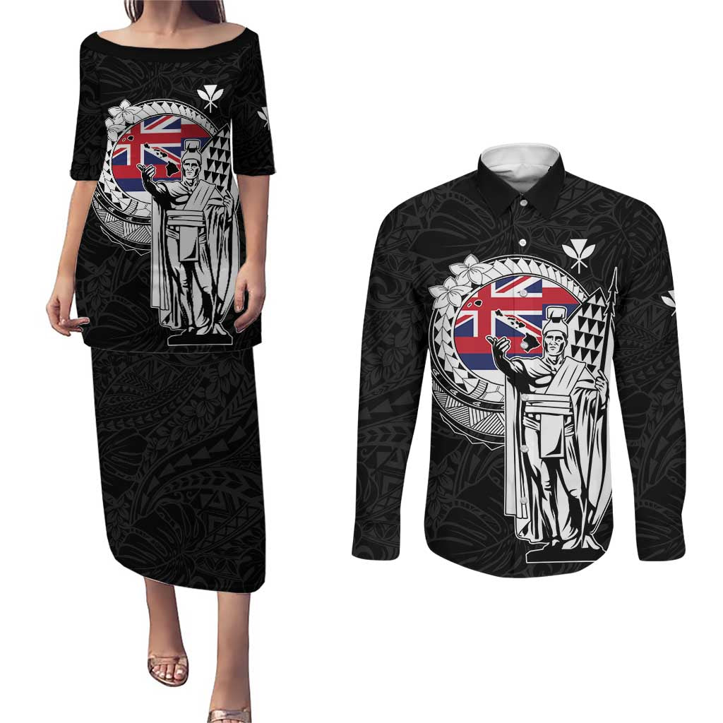 Personalized Hawaii King Kamehameha Couples Matching Puletasi and Long Sleeve Button Shirt Flag Polynesian Pattern