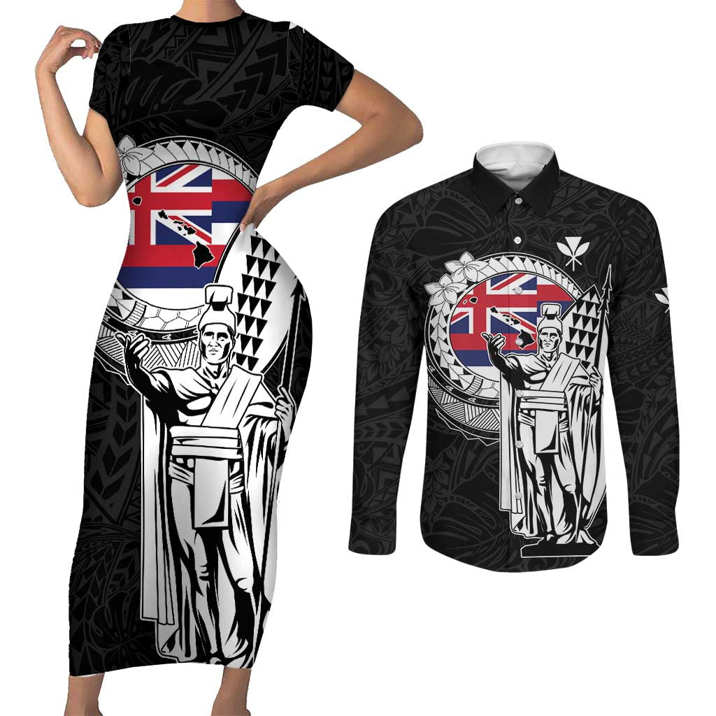 Personalized Hawaii King Kamehameha Couples Matching Short Sleeve Bodycon Dress and Long Sleeve Button Shirt Flag Polynesian Pattern