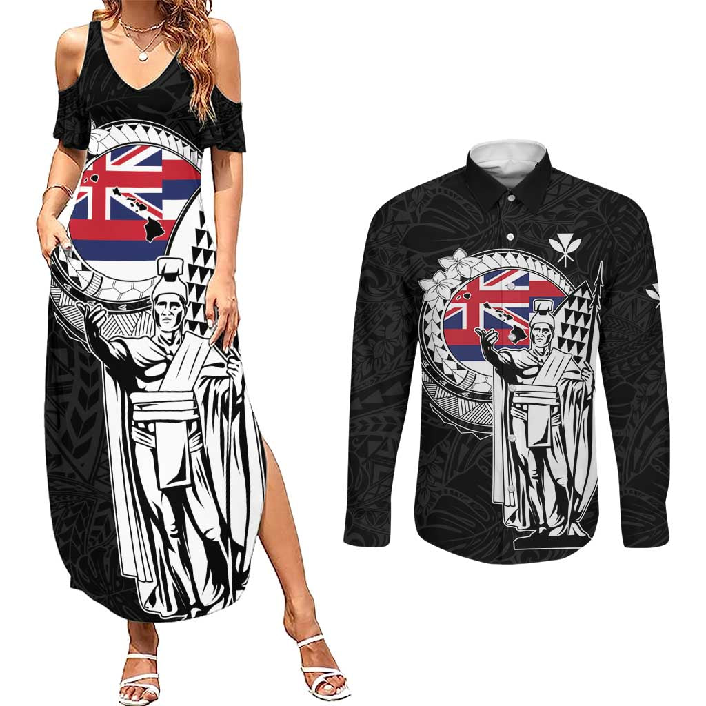 Personalized Hawaii King Kamehameha Couples Matching Summer Maxi Dress and Long Sleeve Button Shirt Flag Polynesian Pattern