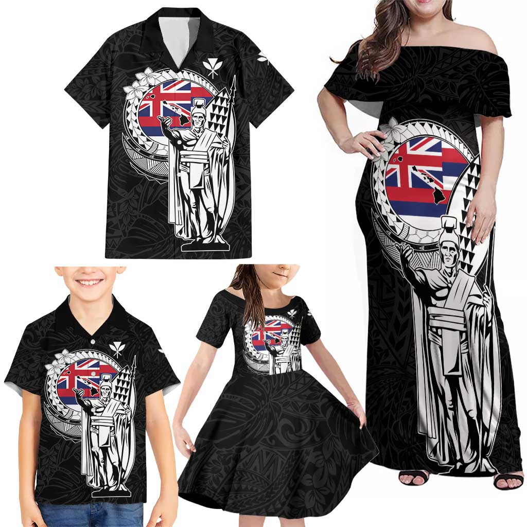 Personalized Hawaii King Kamehameha Family Matching Off Shoulder Maxi Dress and Hawaiian Shirt Flag Polynesian Pattern