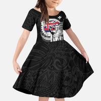 Personalized Hawaii King Kamehameha Family Matching Puletasi and Hawaiian Shirt Flag Polynesian Pattern LT01 Daughter's Dress Black - Polynesian Pride