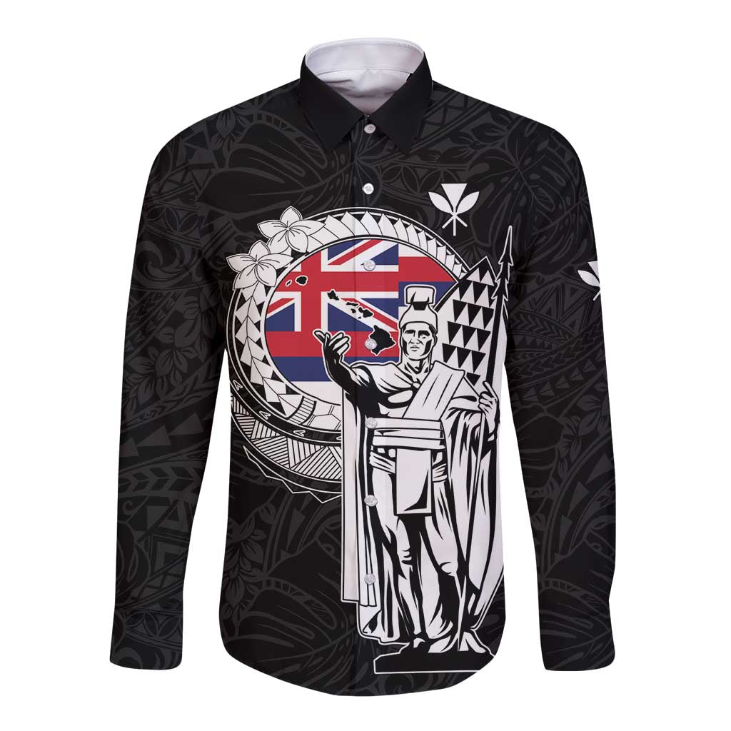 Personalized Hawaii King Kamehameha Long Sleeve Button Shirt Flag Polynesian Pattern