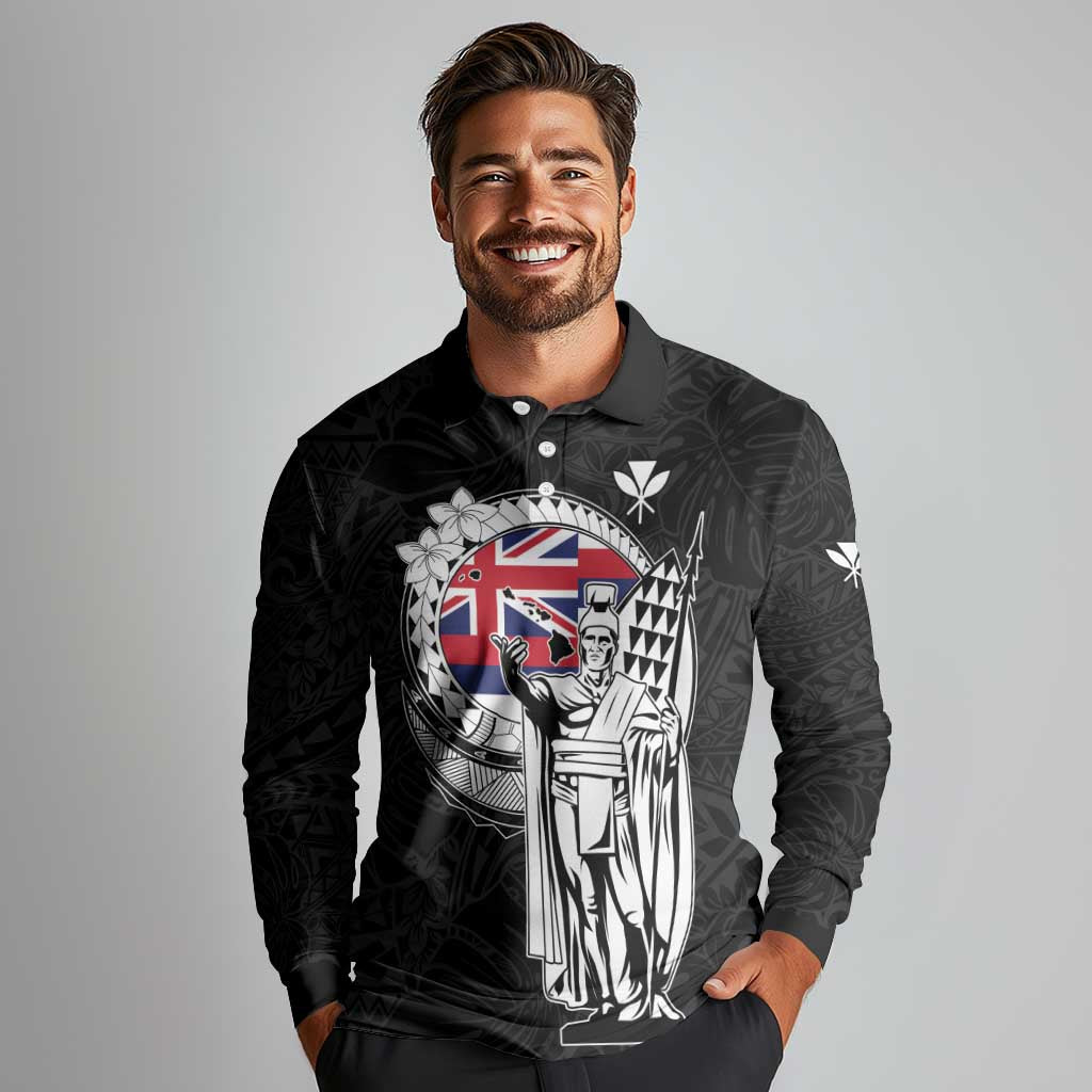 Personalized Hawaii King Kamehameha Long Sleeve Polo Shirt Flag Polynesian Pattern
