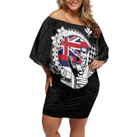 Personalized Hawaii King Kamehameha Off Shoulder Short Dress Flag Polynesian Pattern LT01 Women Black - Polynesian Pride