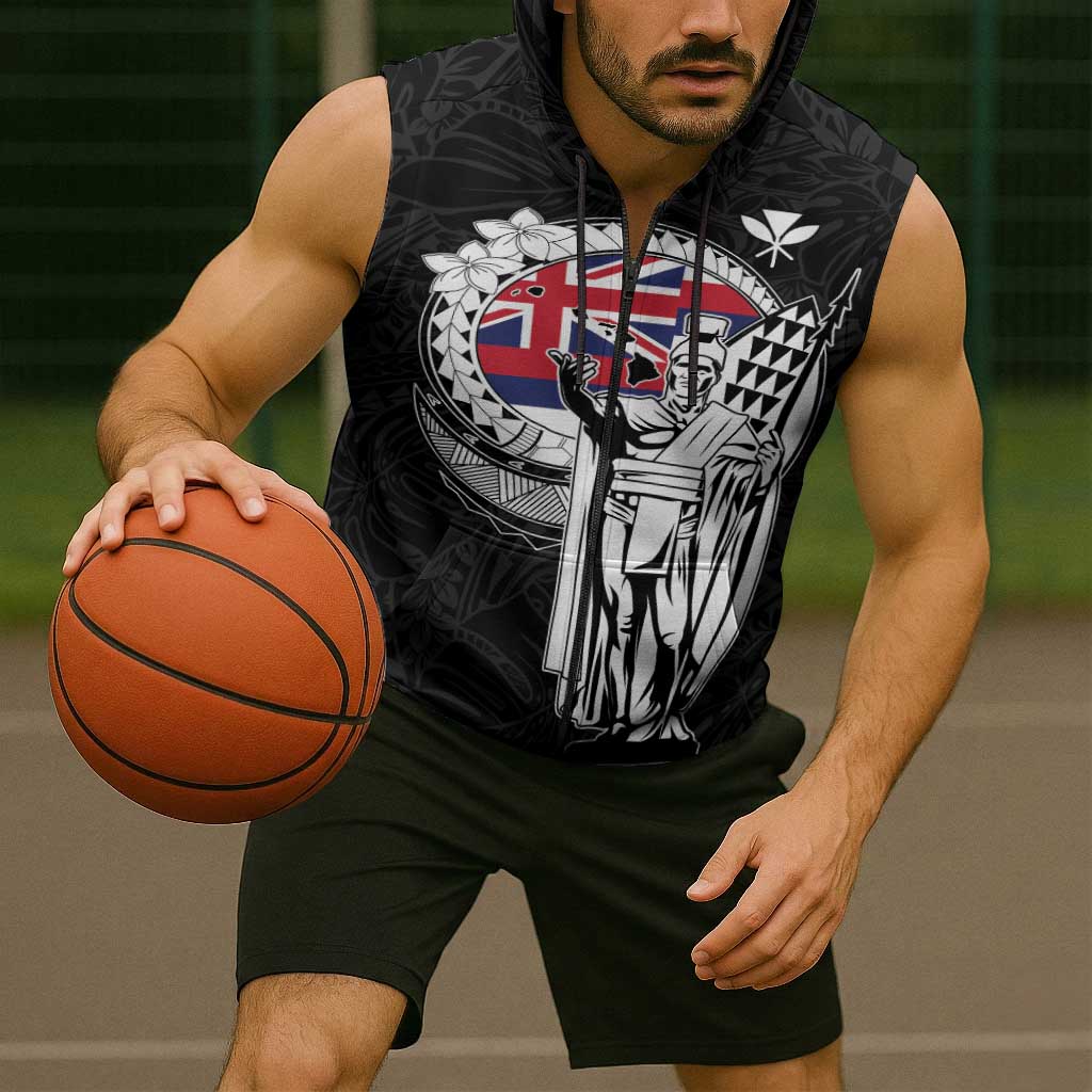 Personalized Hawaii King Kamehameha Sleeveless Zip Hoodie Flag Polynesian Pattern